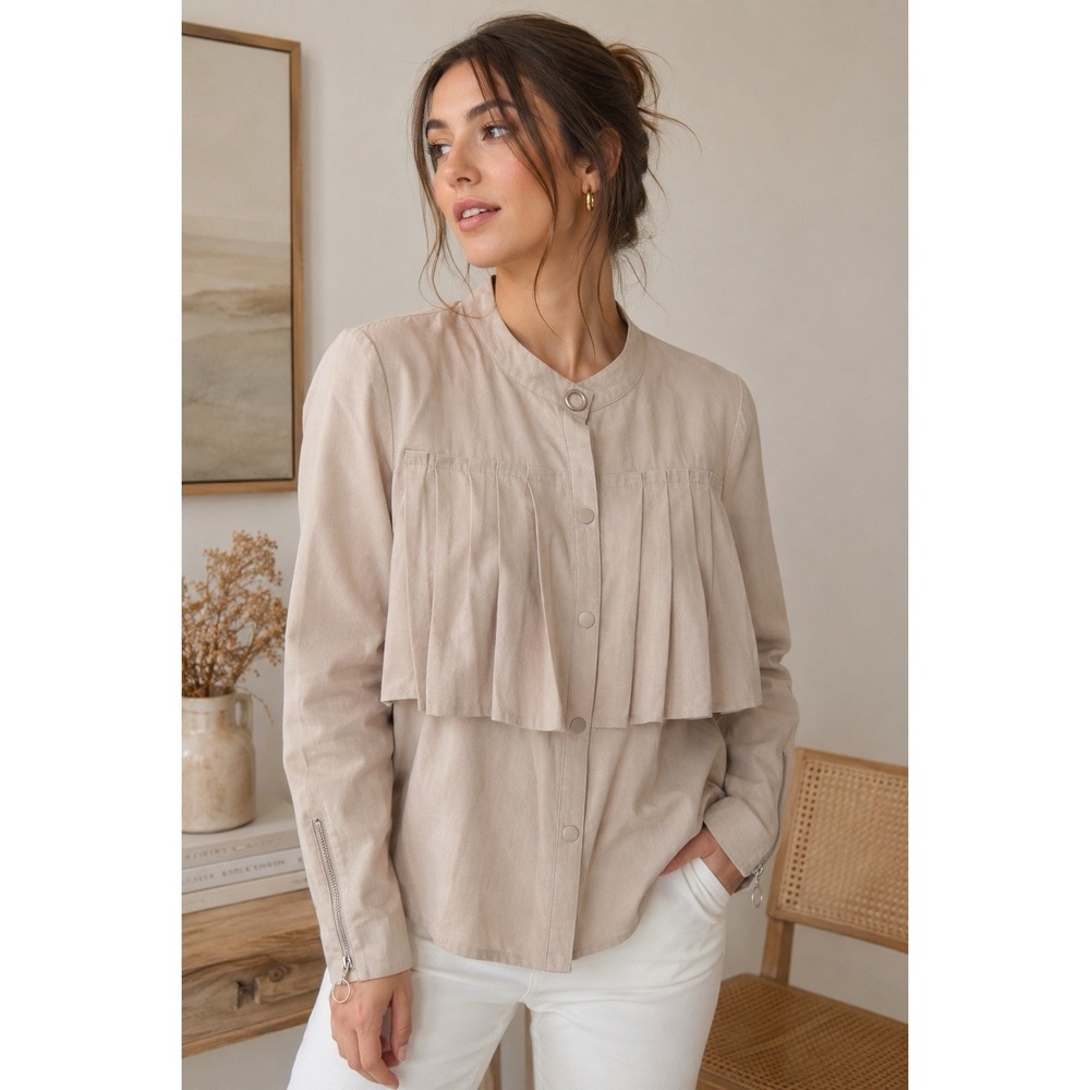Sensemill Pleated Button Front Blouse Top Zip Cuff Beige Women's Medium Boho‎